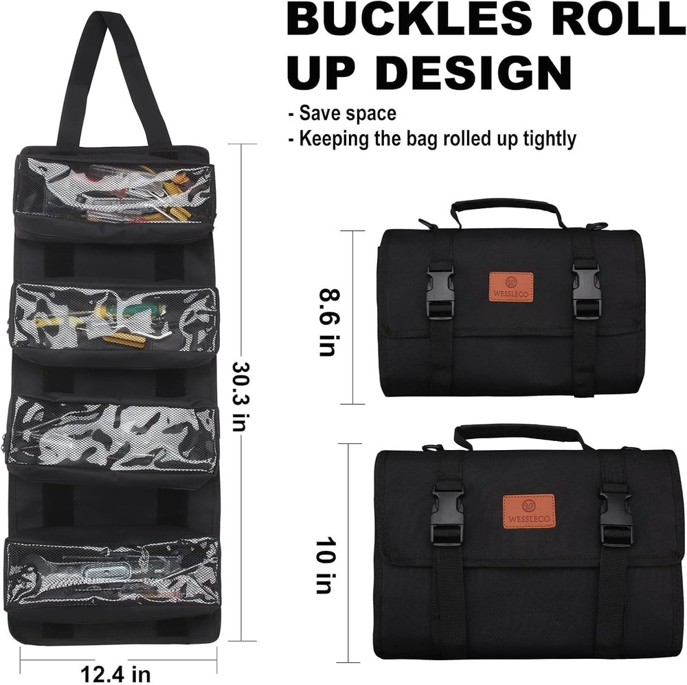 Tool Roll - Canvas Wrench Tool Organizer with 4 Pockets Black
