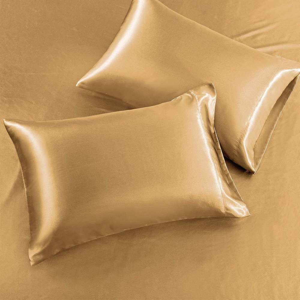 Queen Satin Sheet Set Gold 4PCS Silky Soft Deep Pocket Bedding