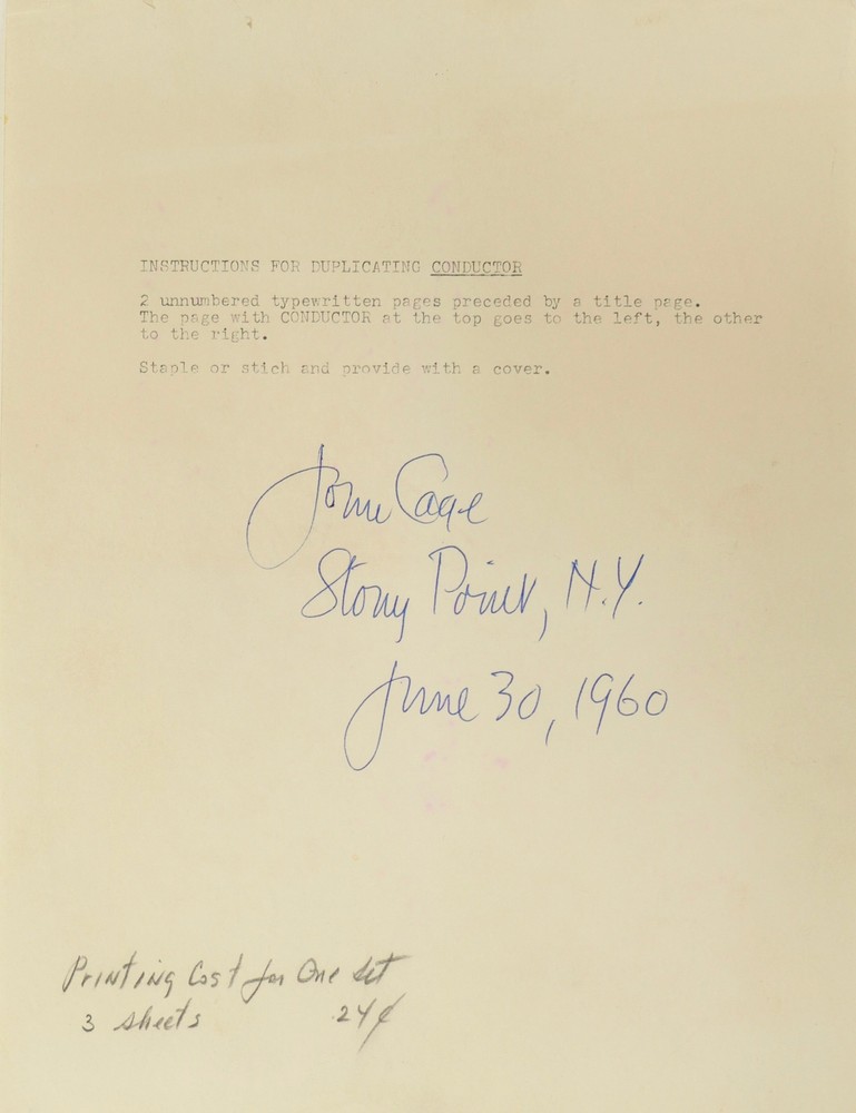 Cage, John. COMPOSER -  Signed Publishing Instructions