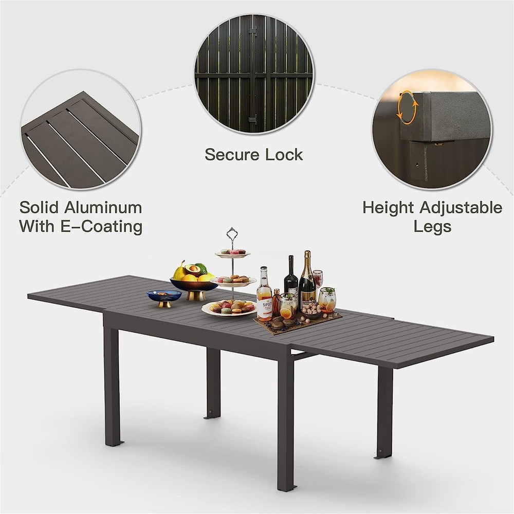Large retractable rectangular terrace dining table, made of aluminum, dark brown