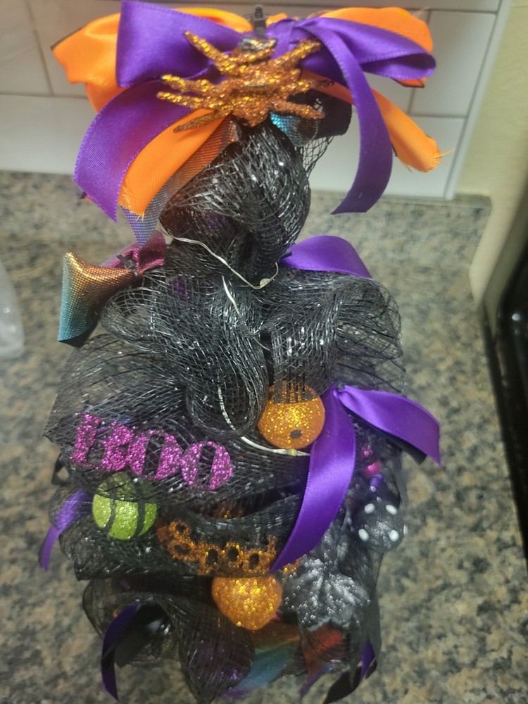 Jack O Lantern Halloween Tree Led Light Black Orange Deco Mesh