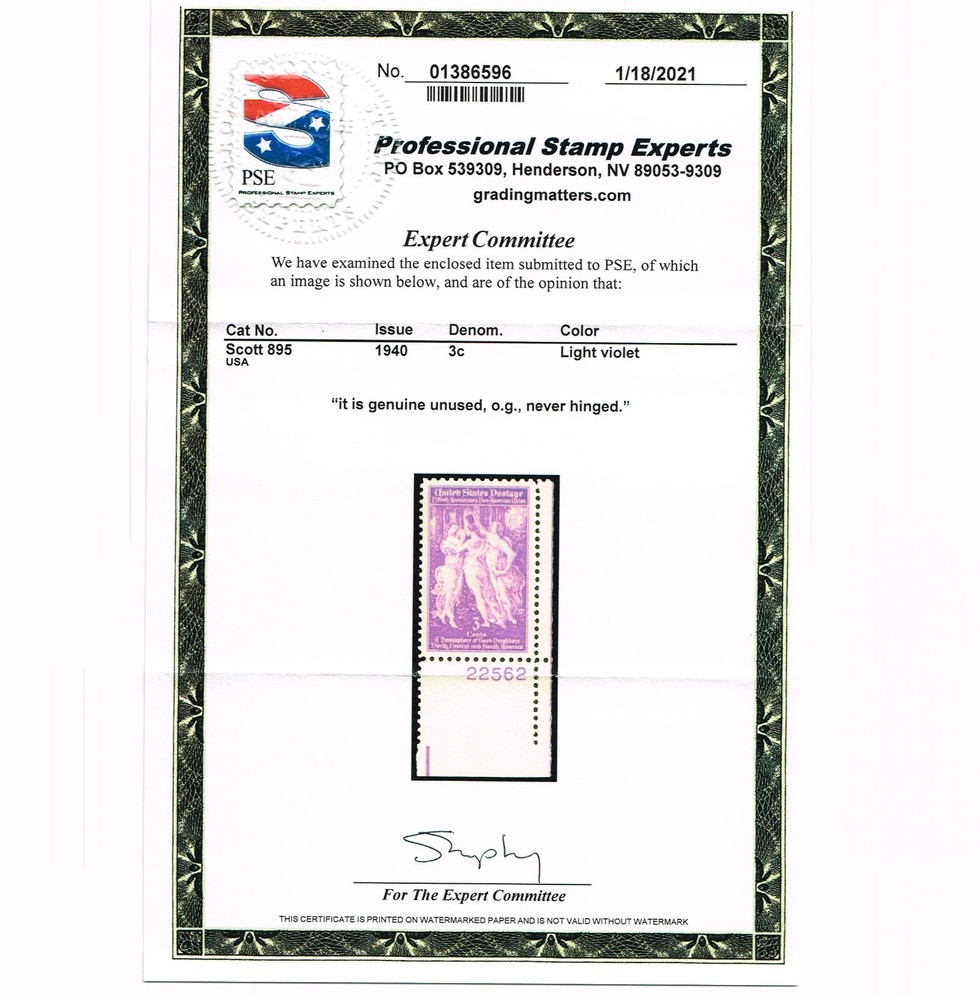 EXCEPTIONAL GENUINE SCOTT #895 MINT PRISTINE OG NH PSE CERT PNS PLATE #22562