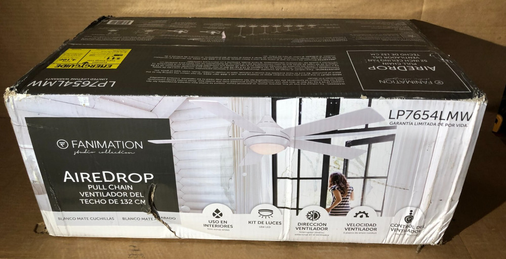 AireDrop Pull Chain Ceiling Fan 52" Matte White w/ Light New