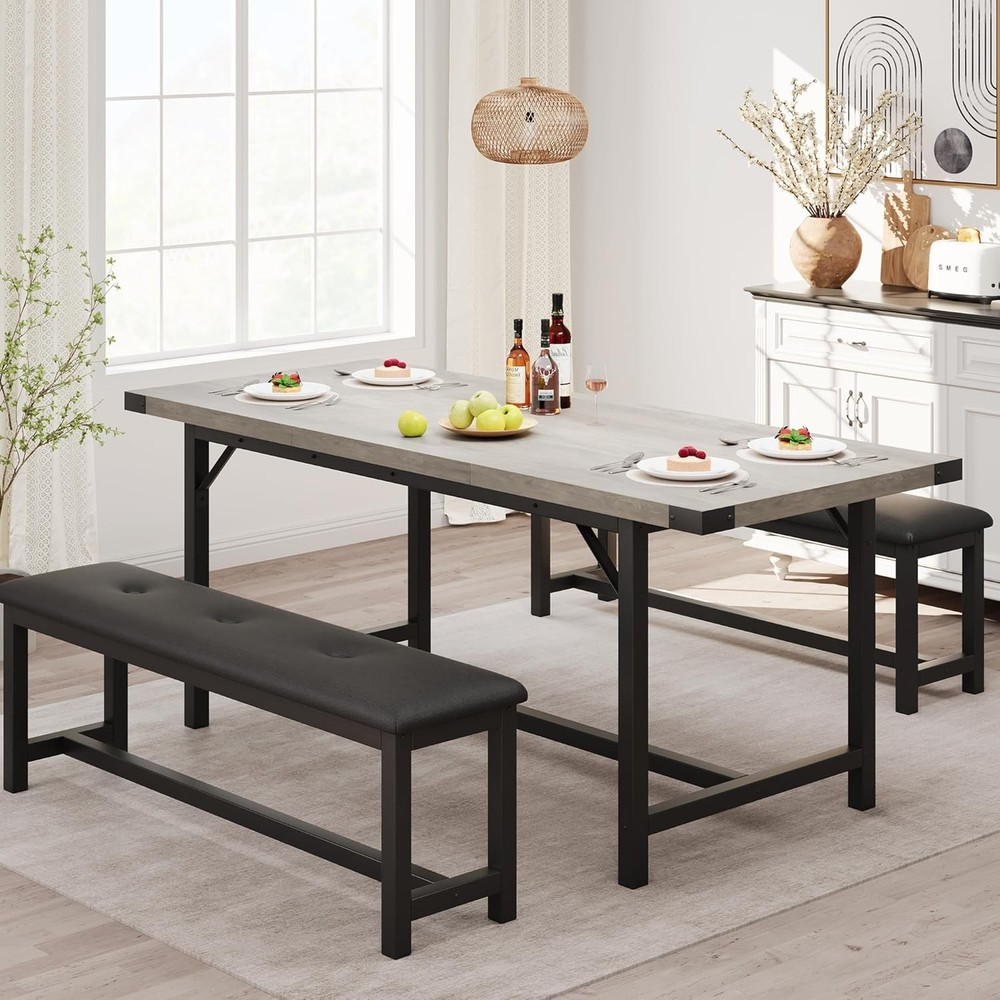 63 in Extendable Dining Table Set for 4-6 People 3-Piece Kitchen Table Set Gray