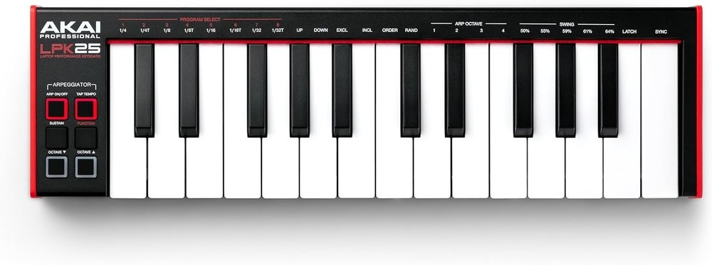 Black 25-Key MIDI Controller with Arpeggiator & Backlit Drum Pads for Creatives