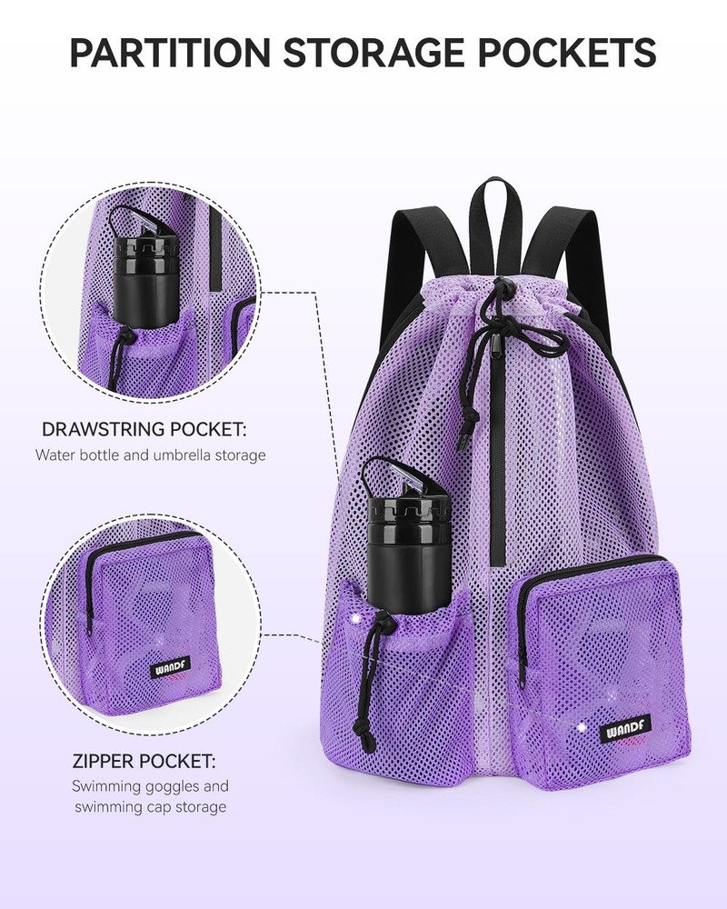 Swim Bag Mesh Drawstring Backpack Wet Pocket Beach Swimming Pool Gym Workout