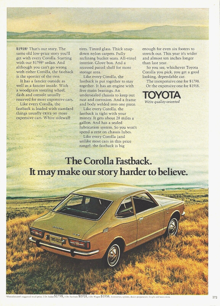 1971 Toyota Corolla Fastback vintage Print Ad Car Advertisement