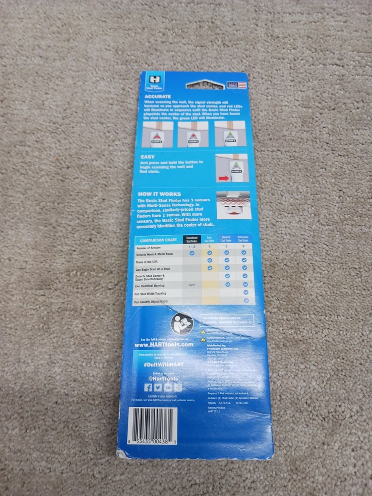 HART BASIC STUD FINDER 3-Sensors 1.0" DETECTION DEPTH DEEP SCAN Wood Metal Studs