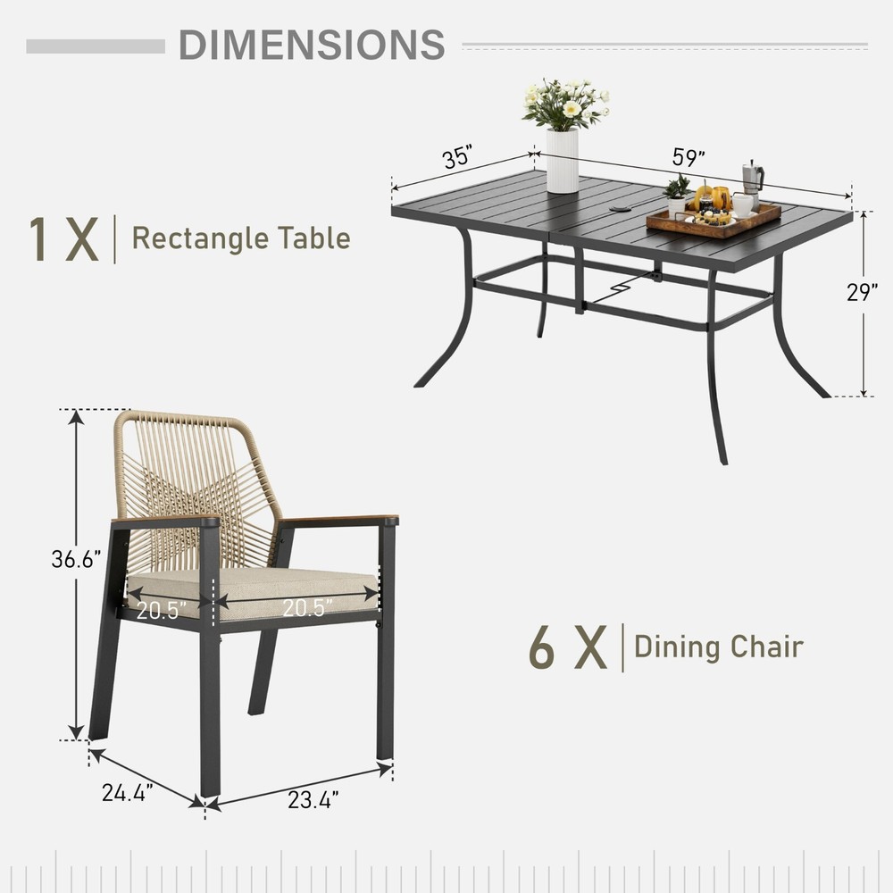 7-Piece Patio Dining Set 59" Rectangle Dining Table with 6 Wicker Armchairs