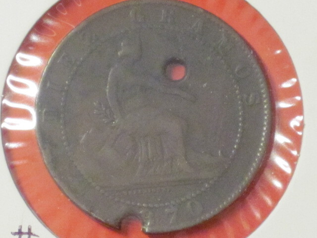 1870 10 Centimos coin - Spain KM# 663 (Holed)