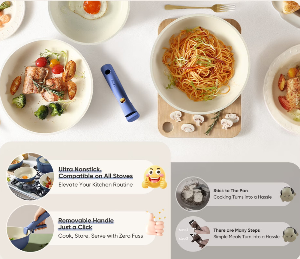 4pc Nonstick Cookware Set w/ Detachable Handles, Stackable Oven Safe Navy Blue