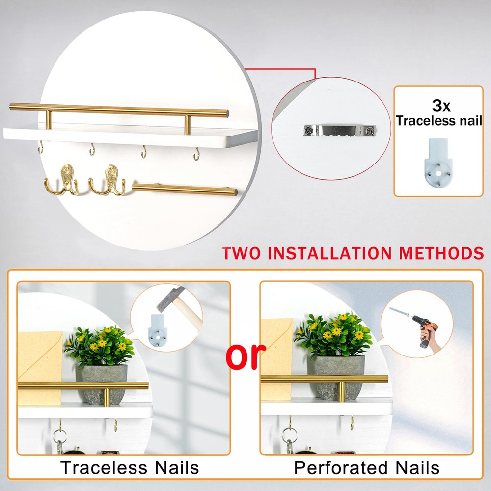 Key Holder for Wall Decorative with Shelf and Hooks, Mail Organizer White