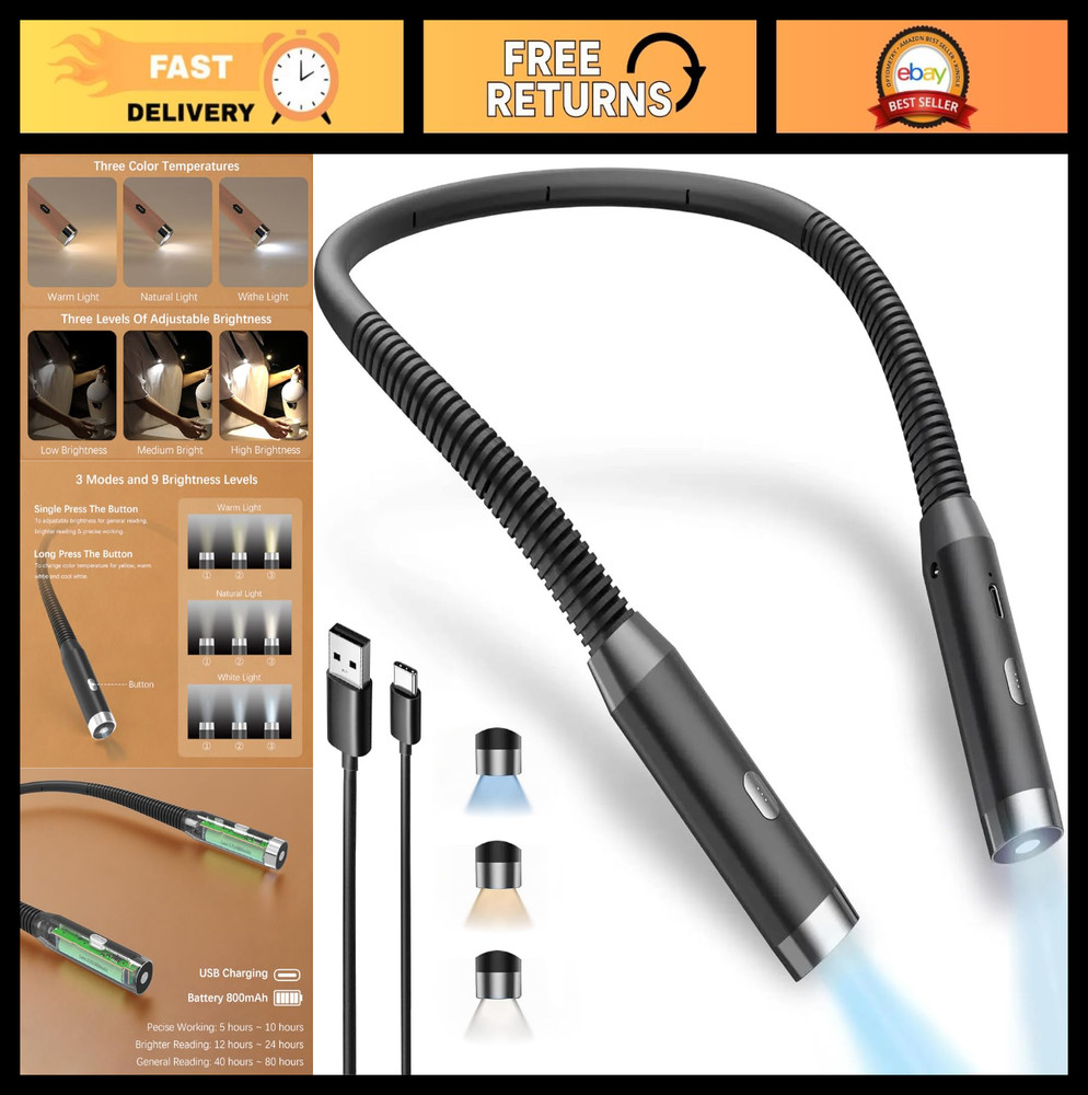 Adjustable LED Neck Reading Light - 3 Colors & Brightness, USB Rechargeable, Per