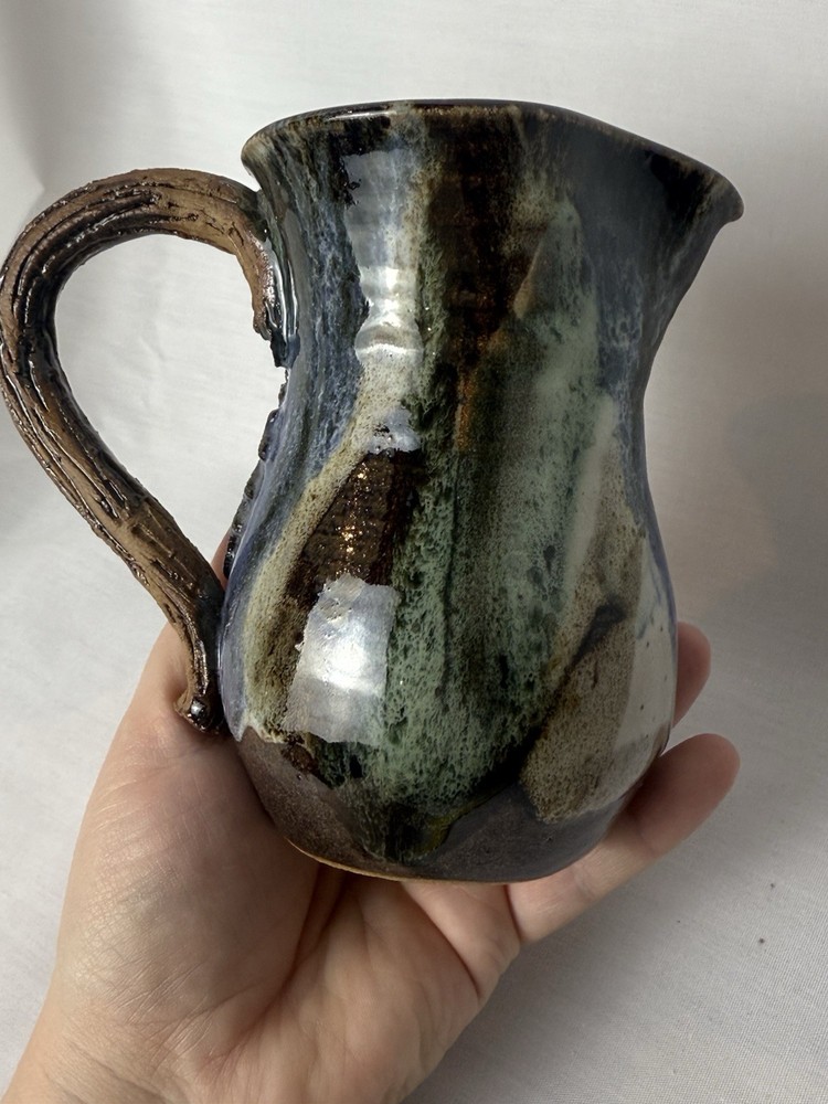 Signed Art Pottery Creamer Pitcher Small Handmade Leaf Brown Fall