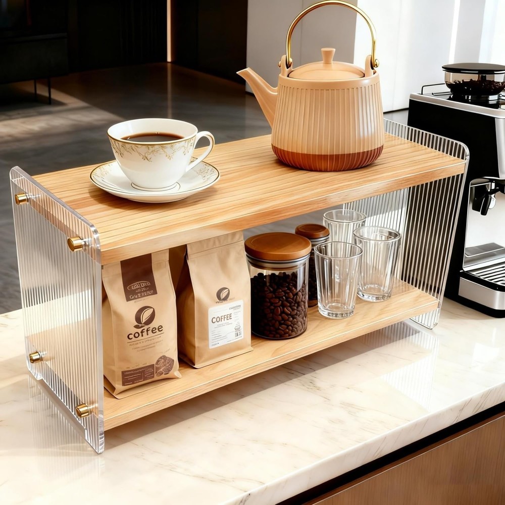2Tier Solid Wood Coffee Station Organizer Mug Shelf 15.4 L x 5.7 W x 8.2 H