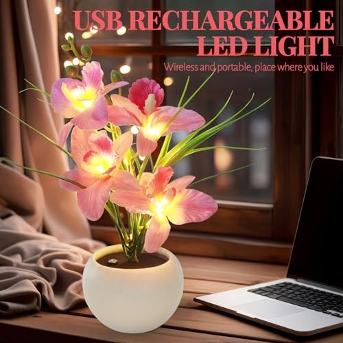 Artificial Flower Night Light, Touch Stepless Dimming USB Rechargeable Pink