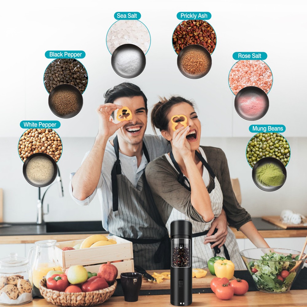 Electric Black Salt & Pepper Grinder LED Light Adjustable USB High-capacity