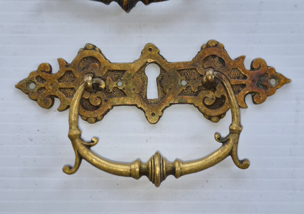 Pair Solid Cast Brass Antique Drawer Pulls Bail Handle Ornate Aesthetic Movement