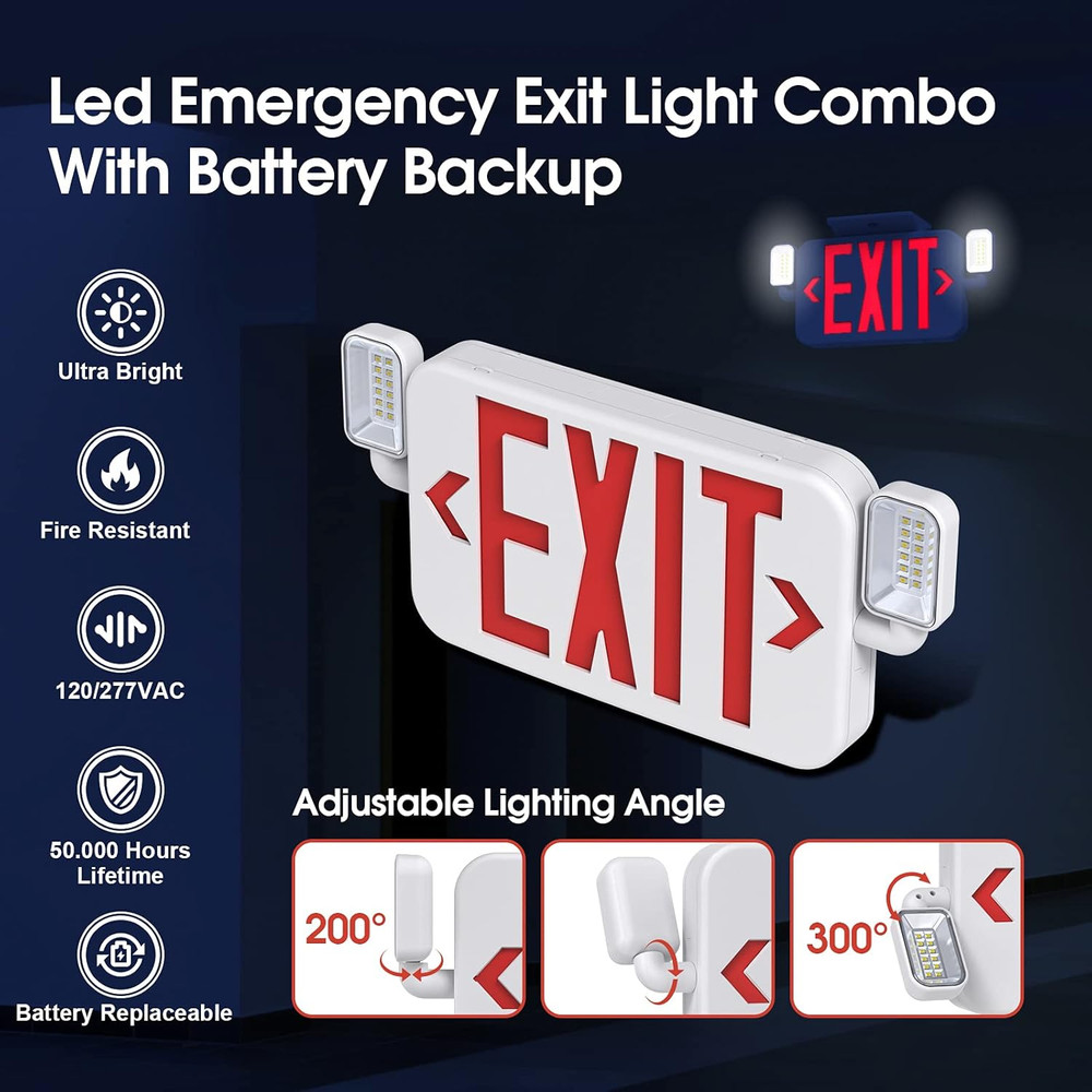 Led Combo Emergency Exit Sign Light with Two Adjustable Head Lights and Backup B
