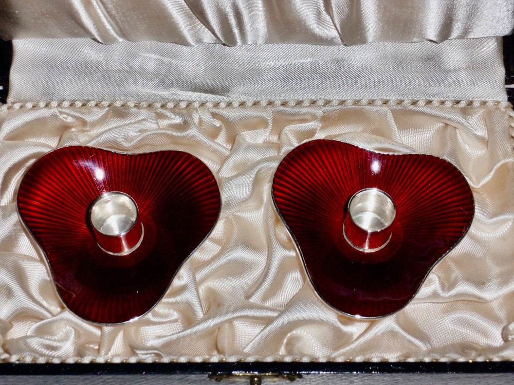 MEKA Denmark 1950's Sterling Silver Ruby Guilloche Enameled Trifold Candlesticks
