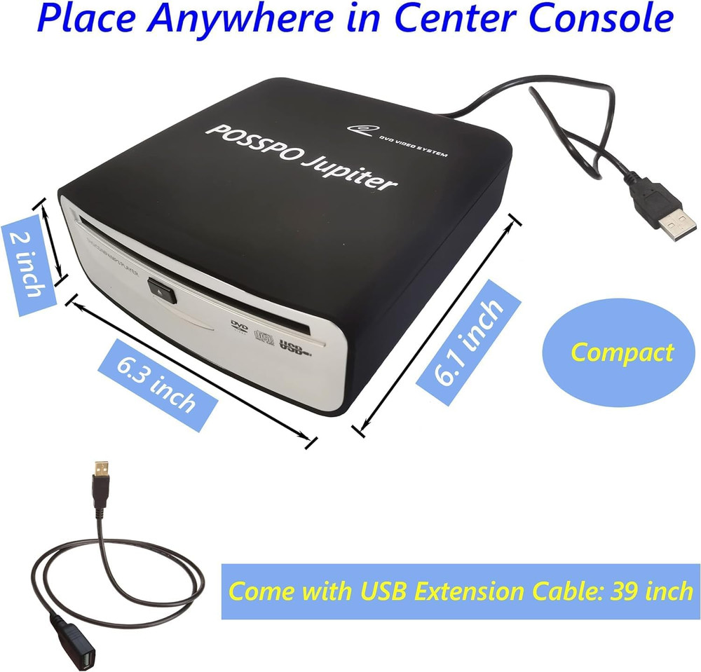 Jupiter USB CD Player for Car Auto, Portable External CD DVD Player, USB Plug &