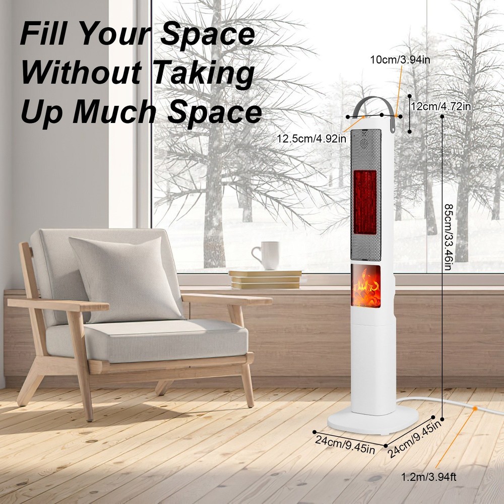 1500W Ceramic Tower Space Heater W/ 3D Flame Remote Control 5 Timer Options
