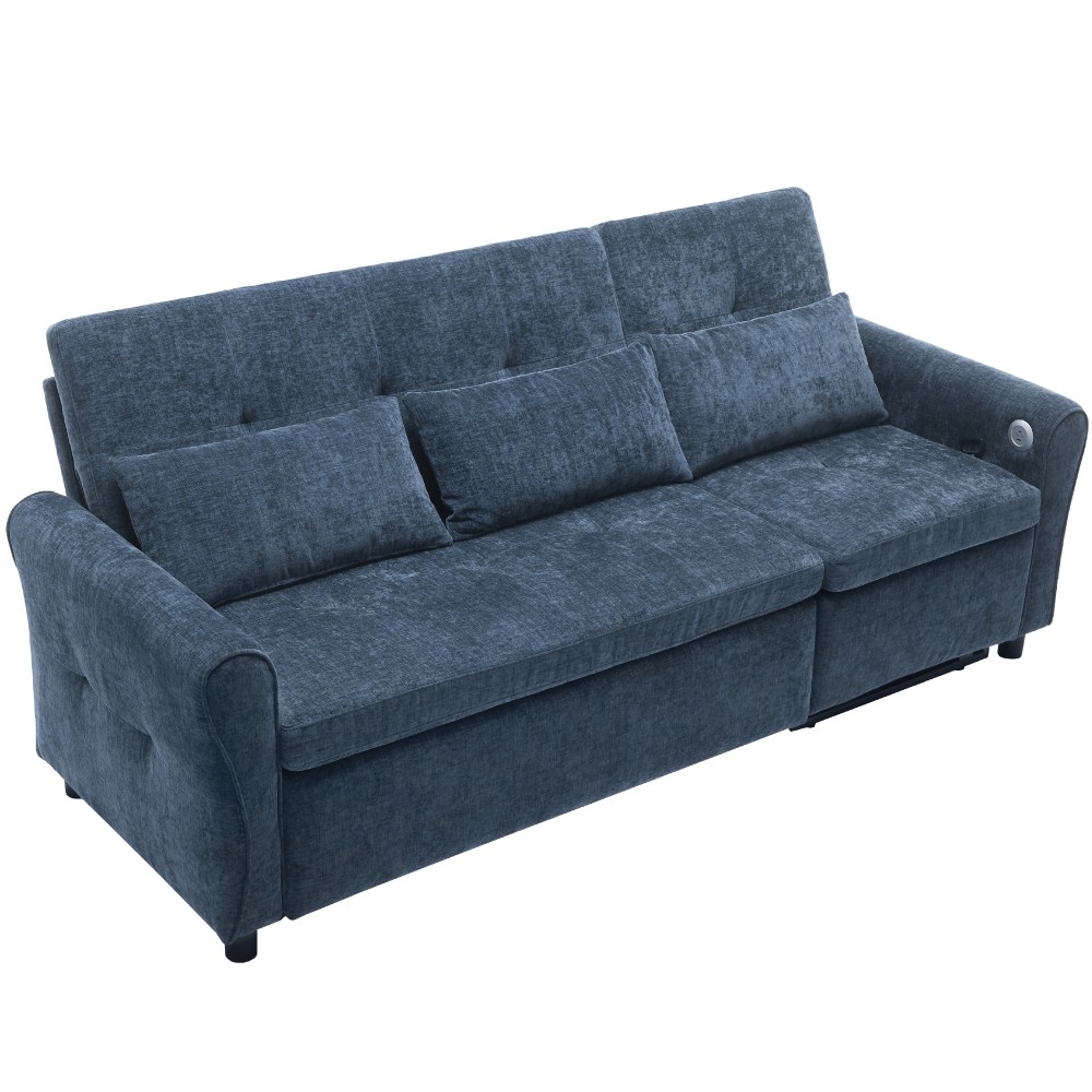 82" Blue Chenille Sofa Bed w/ Reversible Recliner, Adjustable Backrest, USB