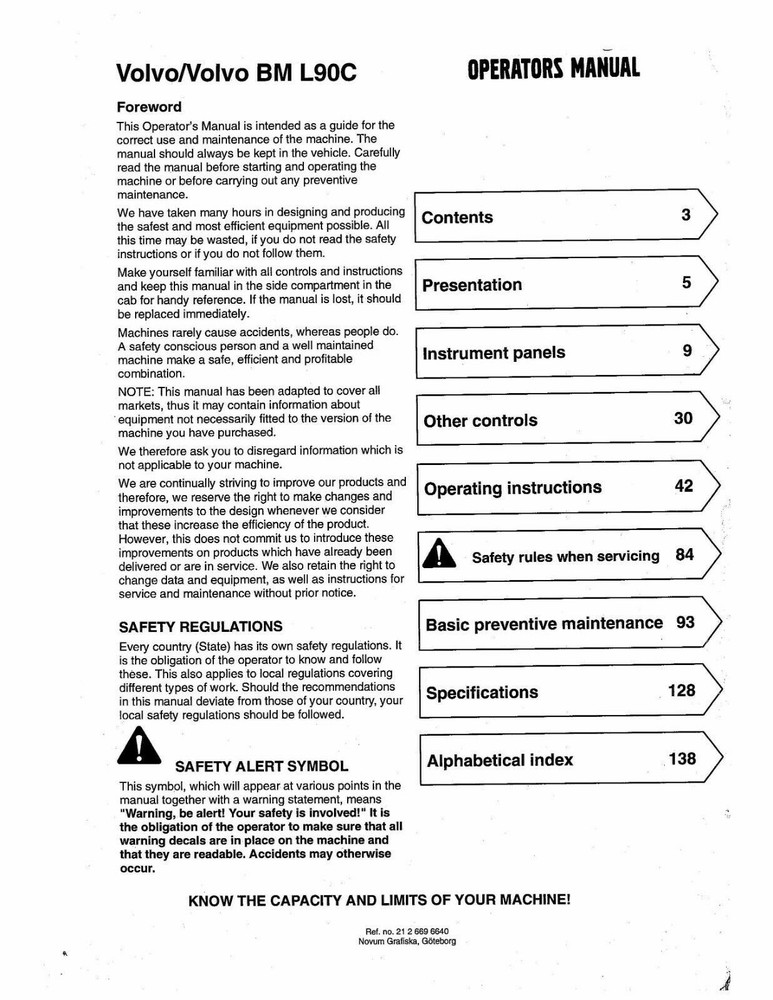 OPERATOR INSTRUCTION MANUAL FITS VOLVO BM L90C WHEEL LOADER