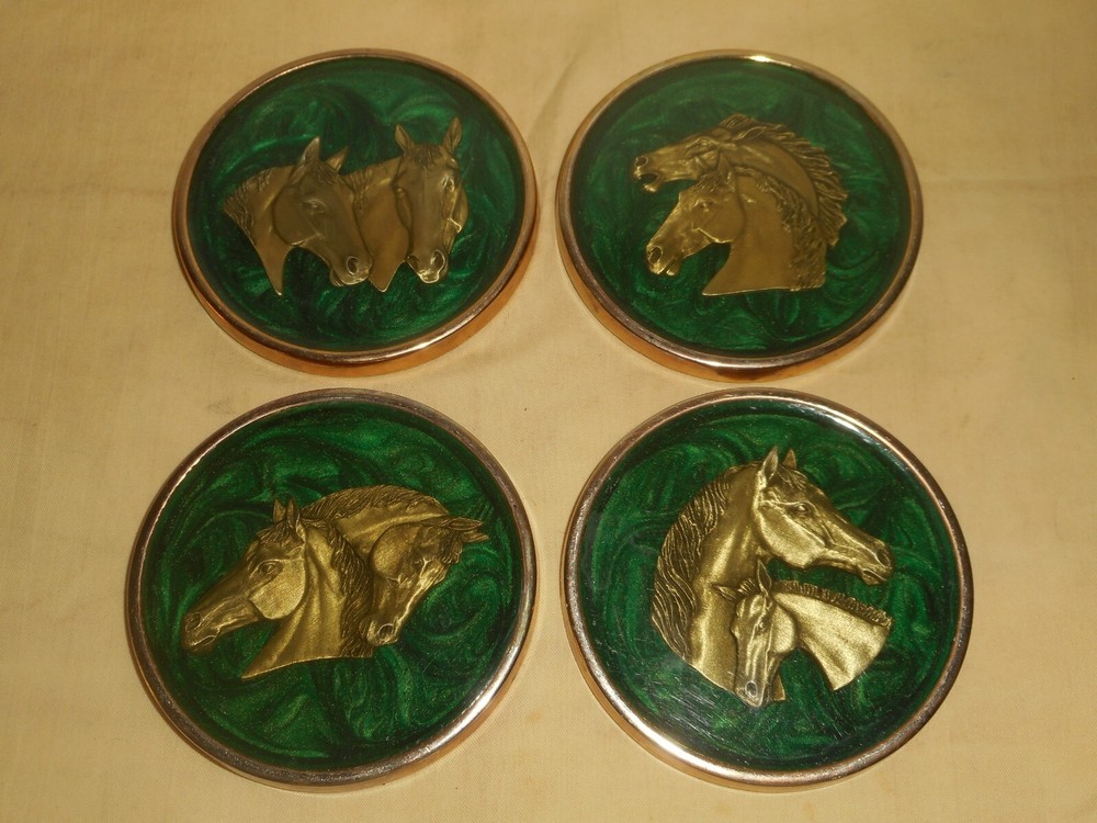 Vintage Horse Head Profile Bar Coasters Brass Marbled Green Acrylic 4 Pc Set