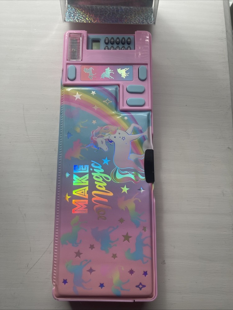 Hot Focus Multi-Function Pencil Case Unicorn Calculator Sharpener Pink NIP