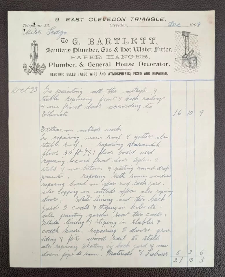 1908 G. Bartlett, Plumber & Decorator, Clevedon Invoice