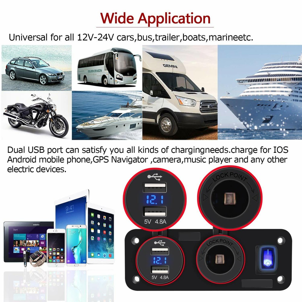 Boat Marine Dual USB Charger+LED Voltmeter+12V Power Socket On-Off Switch Panel
