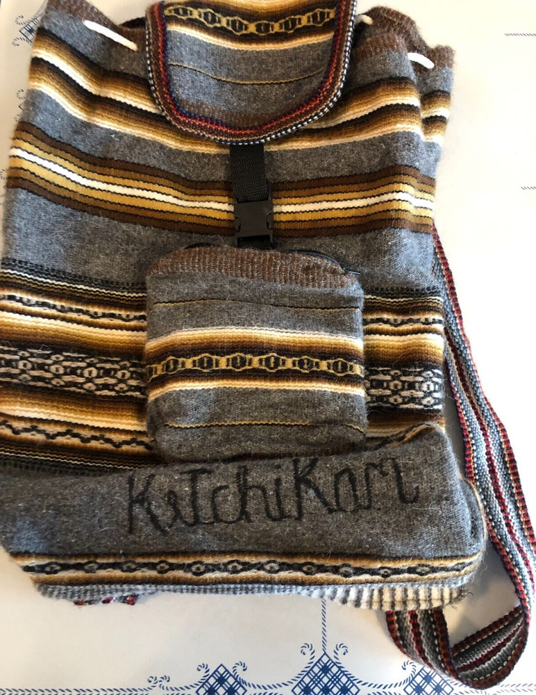 Native Woven Drawstring Backpack Large Bag Knapsack w. Zip Pocket + Clip Closure