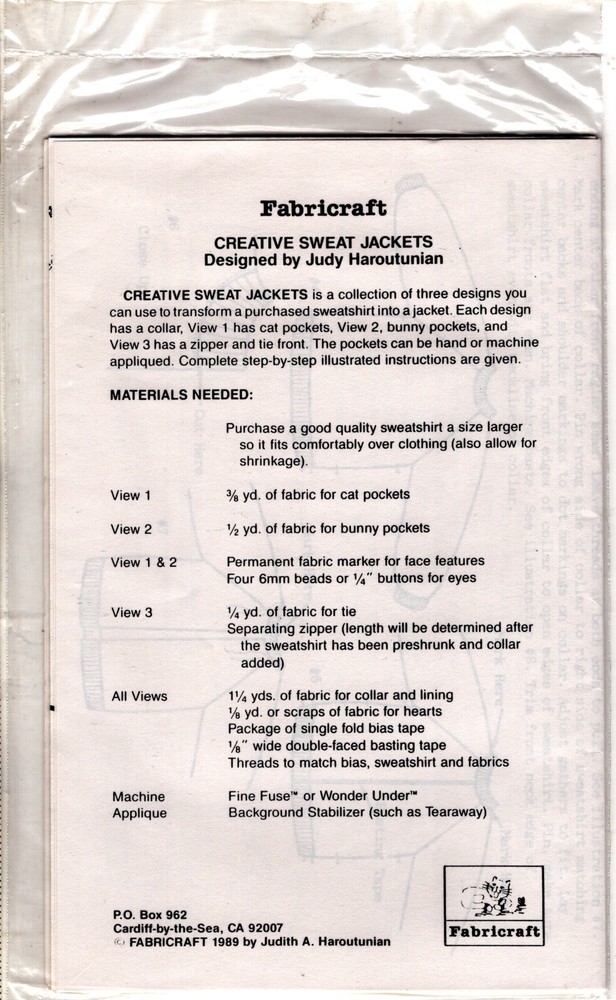 Creative Sweat Jackets" ©1989 Fabricraft Sewing Pattern # 231 Collar & Applique