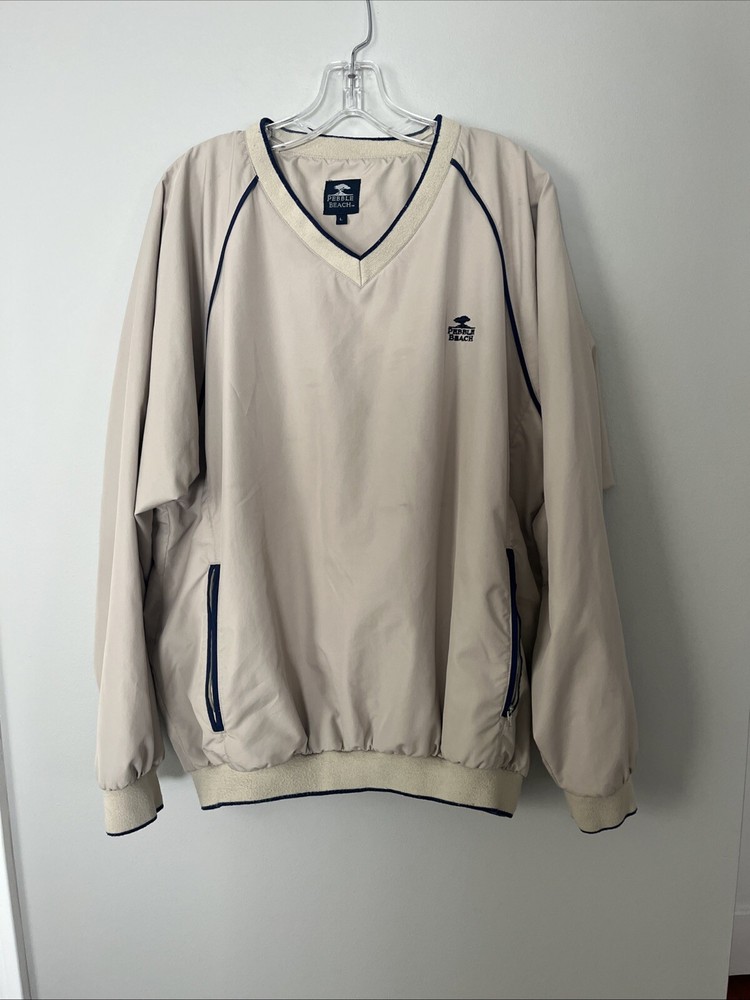 Pebble Beach Pullover Windbreaker Mens Size Large Beige Embroidered Logo V Neck