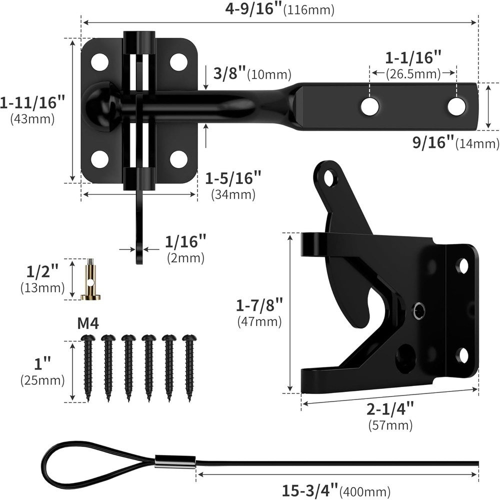 Gate Latch with Spring Cable Pull for Fence Gate - Carbon Steel - Black, Self Lo