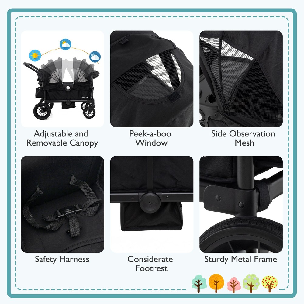 Wagon Stroller for 2 Kids Push Pull Double Stroller w/ Adjustable Handle
