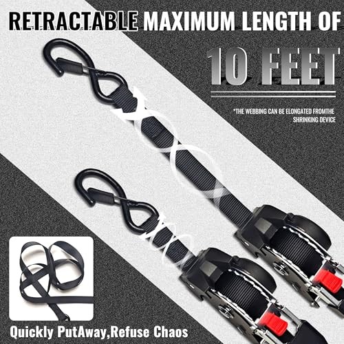 Retractable Ratchet Straps, (4) 1" x 10' Tie Down Strap + (4) Soft Loop -