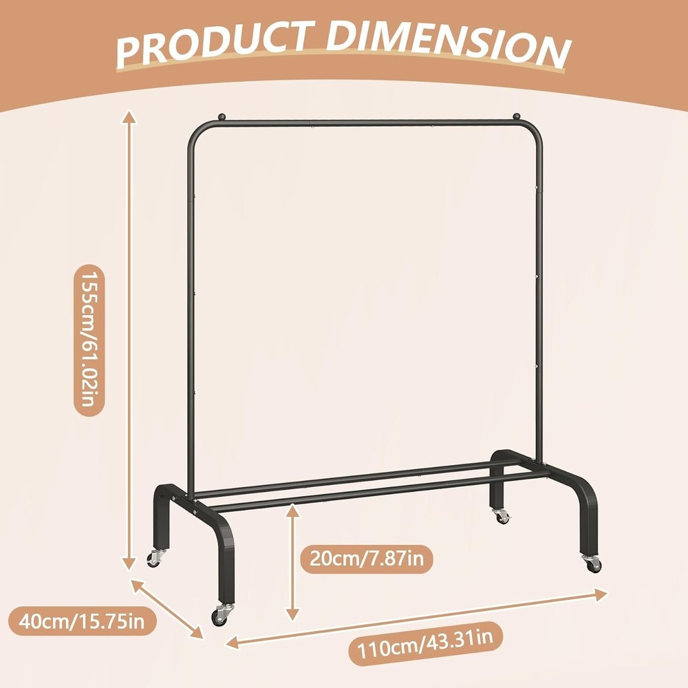 Durable Black Rolling Garment Rack with Bottom Shelf for Coats & Clothes