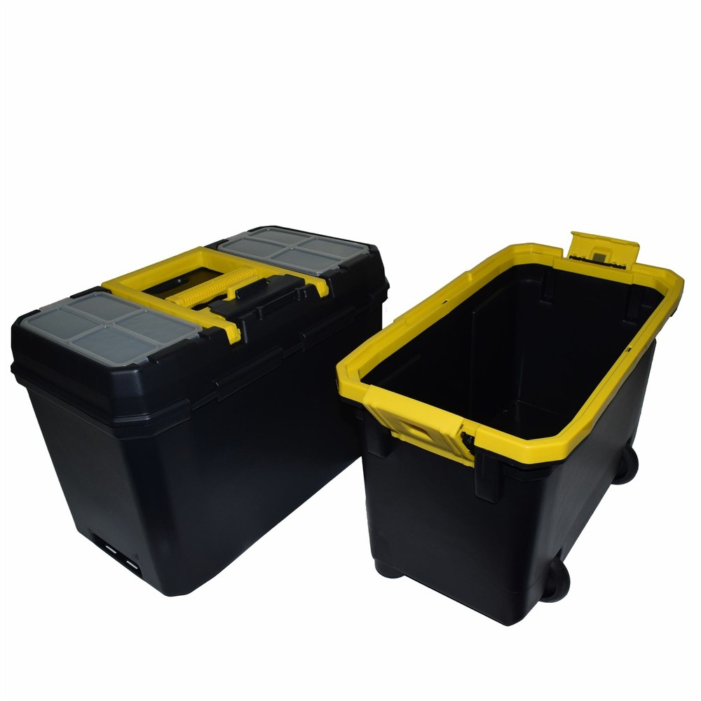 Plastic Double Tool Box Toolbox Storage Pull Along Handle Trolley 9 Compartment