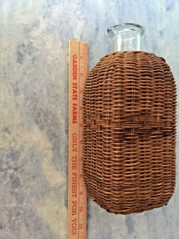 Antique Wicker Covered Square Spouted Bottle Unusual