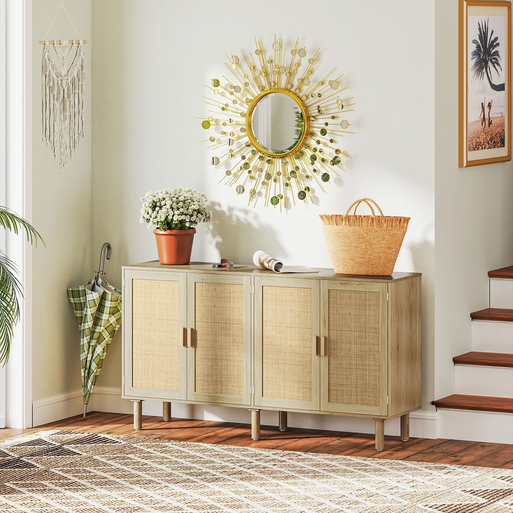 Two Double-tier Cabinet Sideboard with Rattan Doors for Ample Storage