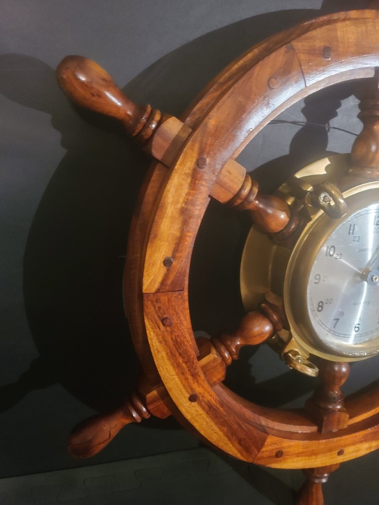 Wood Ships Wheel With Solid Brass Porthole Ships Time Quartz Clock, 24" Diameter