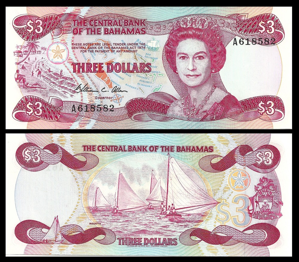 BAHAMAS $3 DOLLARS 1984 P 44 UNC
