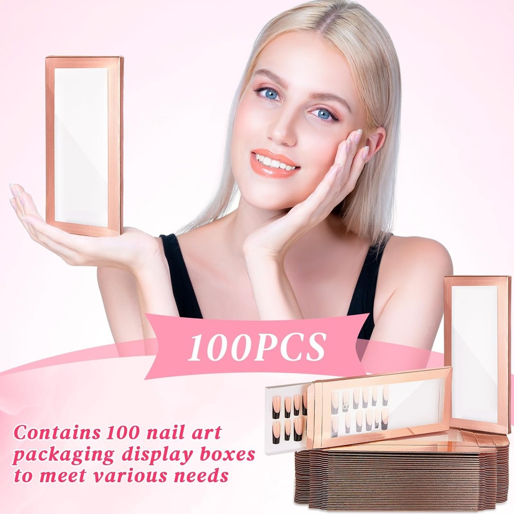 Yeaqee 100 Pieces Empty Nail Package Box with 100 Pcs White Background Papers...