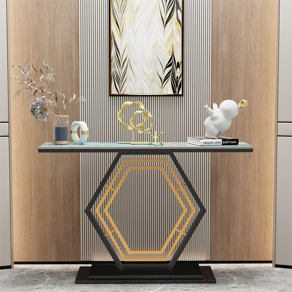 Modern Console Table Sintered Stone entry Table with Geometric/Leaf Golden Base
