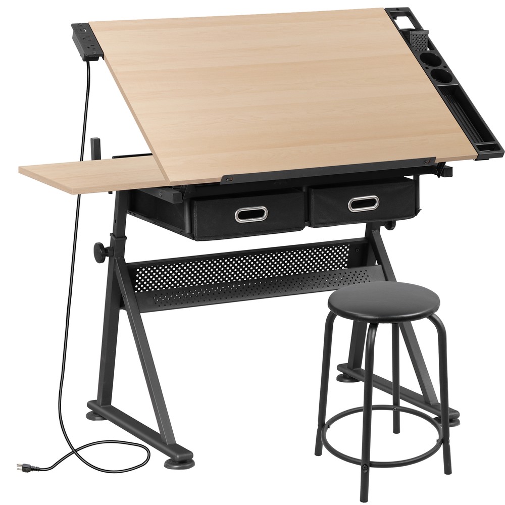 Adjustable Drafting Drawing Tiltable Table & Stool w/ 2 Drawers & Outlet Natural