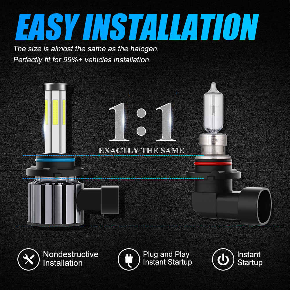 6-sides 9012 HIR2 LED Headlight Bulbs Kit High Low Beam Super Bright 6500K White