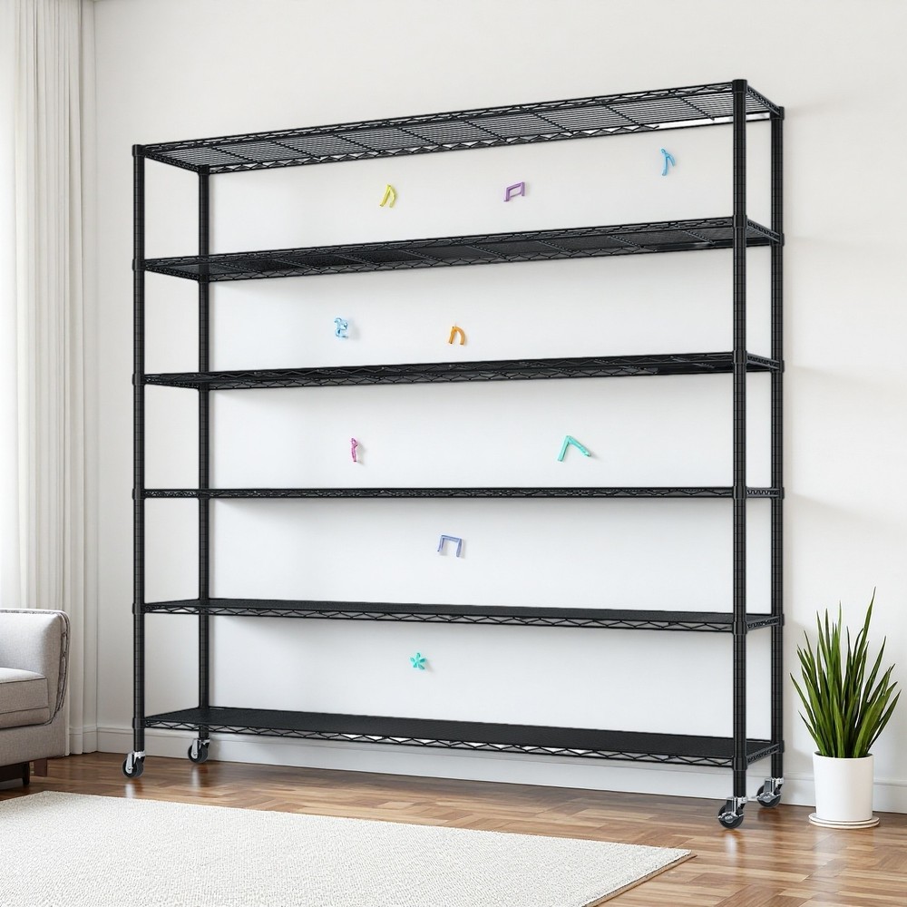 6-Tier Rolling Shelving Unit - Modular, Adjustable, Heavy Duty, Steel & Black