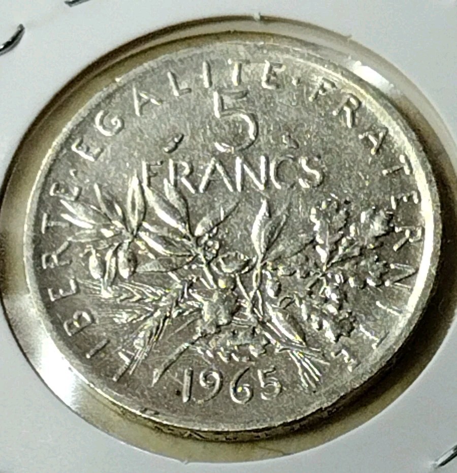 1965 5 Francs - Uncirculated Foreign Silver Coin - Edge Writing